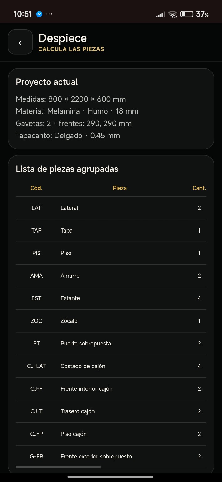 Pantalla de Despiece de MuebleAI Pro