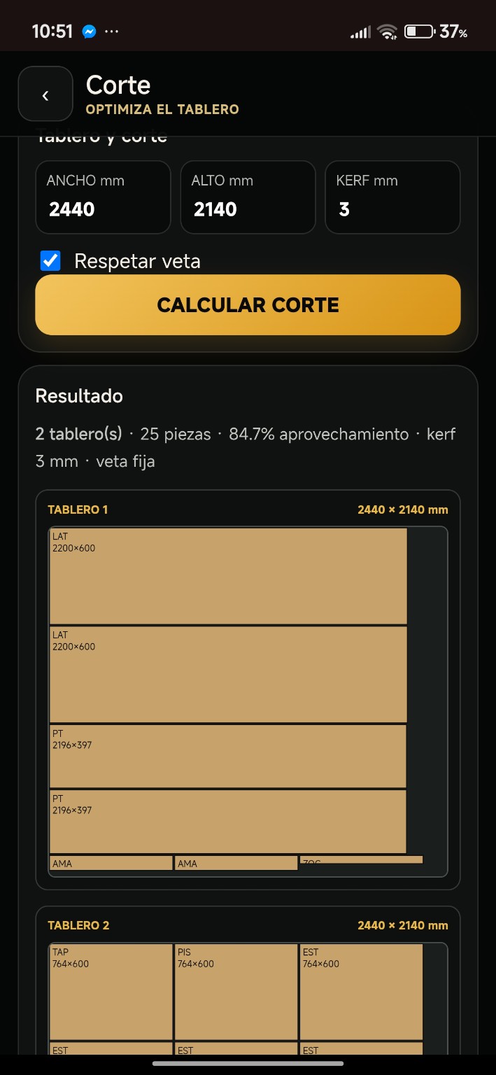 Pantalla de optimización de Corte de MuebleAI Pro