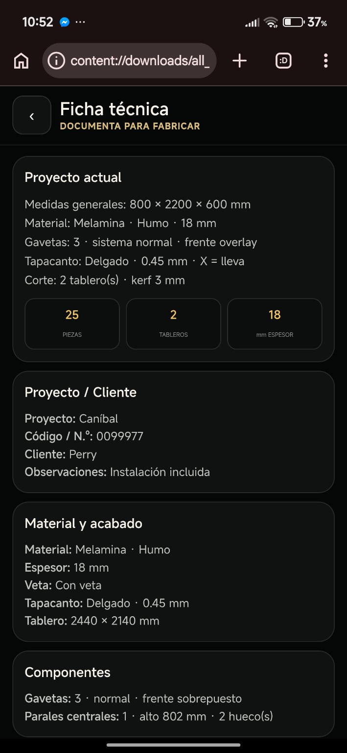 Pantalla de Ficha técnica de MuebleAI Pro