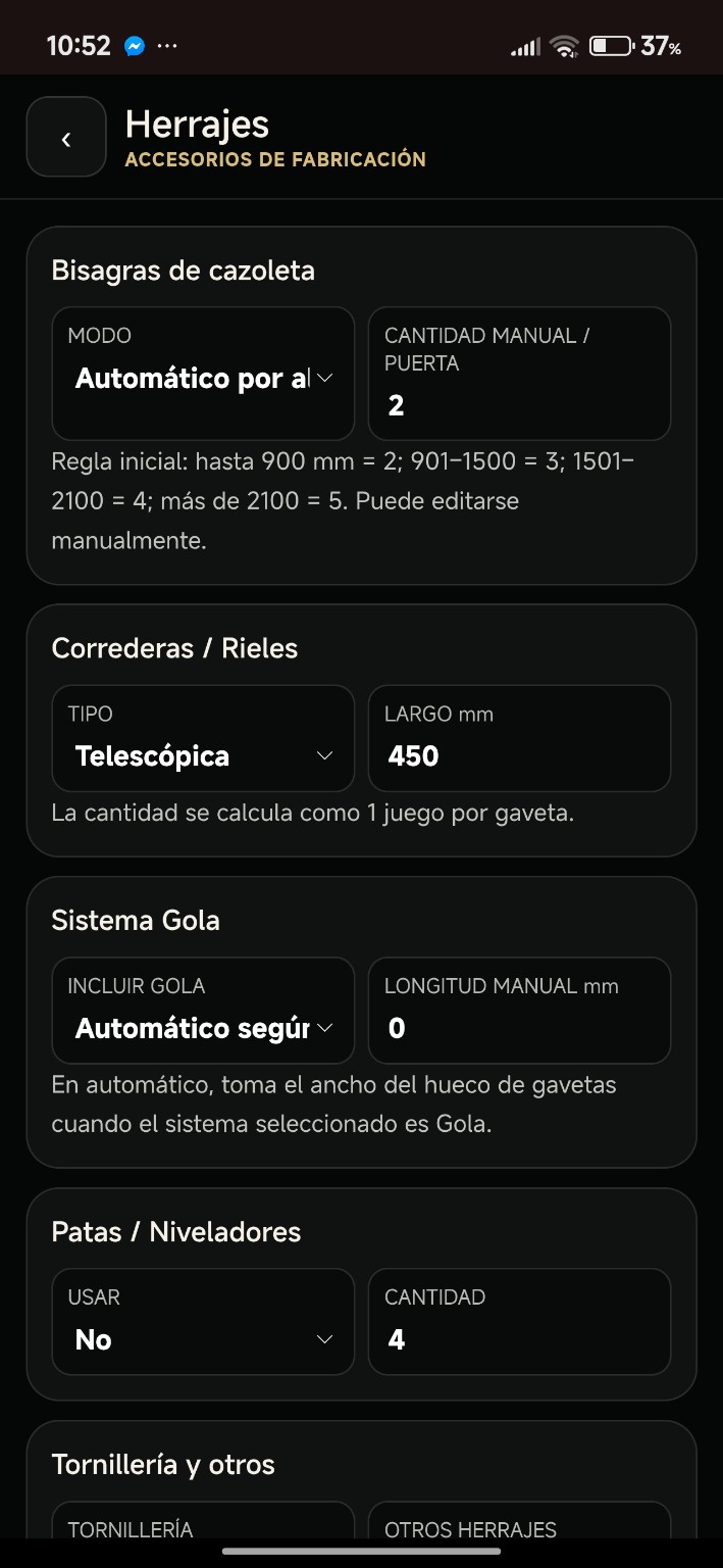 Configuración de herrajes